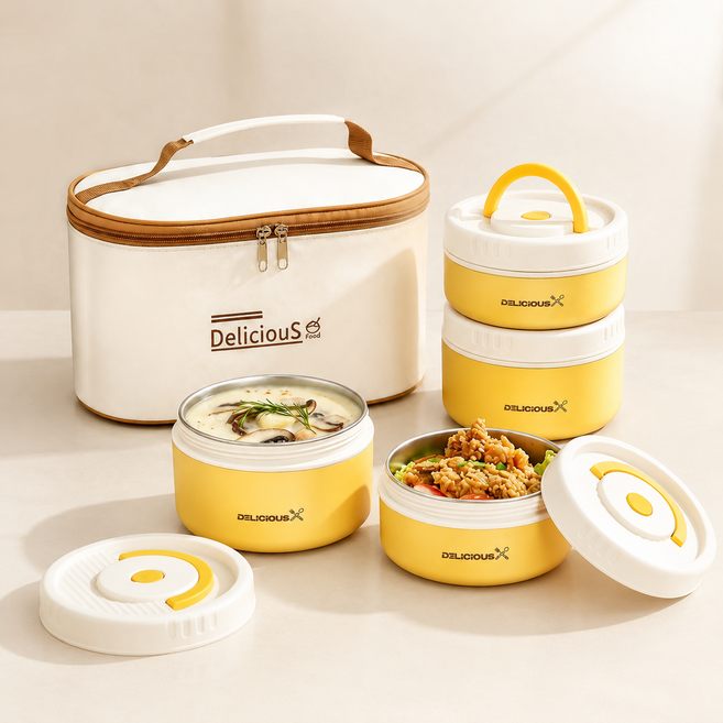 도시락 304 스테인리스 스틸에 보온 가방 포함, 2200ML 4단 노랑색, 1세트