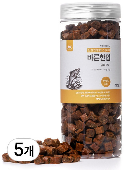 바른한입 영양채운 강아지 노즈워크 져키 대용량 간식, 1kg, 5개, 황태