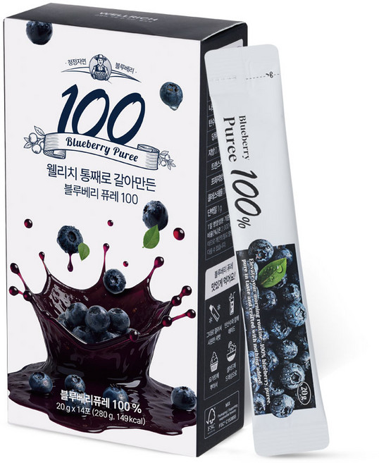 웰리치 통째로 갈아만든 블루베리 퓨레 100, 28개, 20g