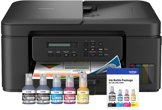 브라더 DCP-T730DW + 기본잉크포함 + 추가 잉크 1세트 상품 정품 무한잉크복합기 인쇄 복사 스캔 자동양면인쇄 ADF WIFI연결, DCP-T730DW + BTD100BKCL