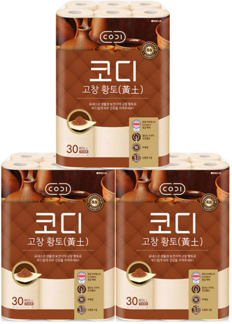 코디 천연펄프 3겹 고창 황토 롤화장지, 30m, 30개입, 3개