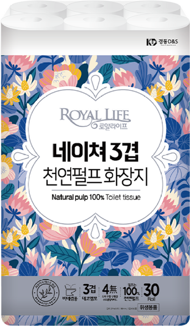 순수 천연펄프 로얄라이프 네이쳐 3겹 엠보 화장지, 27m, 30롤, 1개