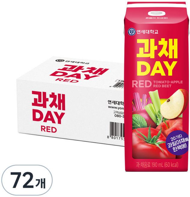 연세유업 과채데이 음료 레드, 190ml, 72개