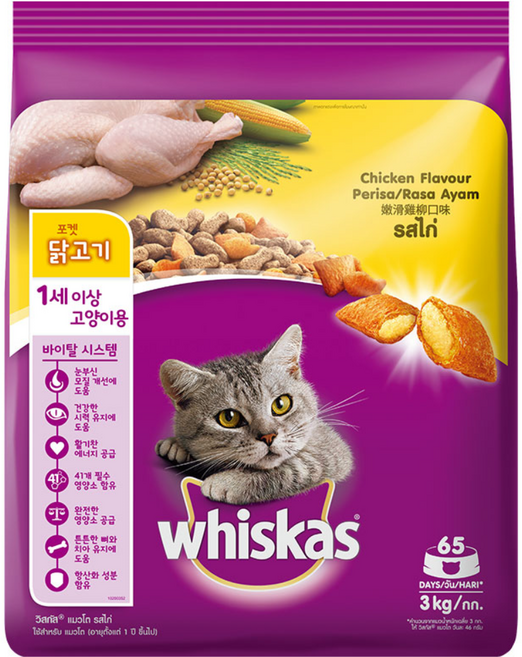 위스카스 고양이 어덜트 포켓 닭고기 건식사료, 피부/피모, 3kg, 1개