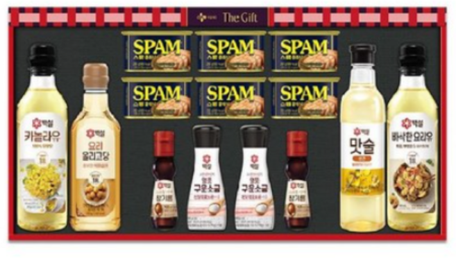 CJ설물세트 스페셜G호 스팸클래식200g 6개 카놀라유500ml 1개 요리유500ml 1개 참기름80ml 1개 올리고당500g 1개 맛술500ml1개 구운소금180g 2개