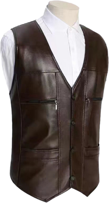 AOKADA 남성 봄 가을 슬림핏 브이넥 가죽 조끼 캐주얼 레더 민소매 베스트