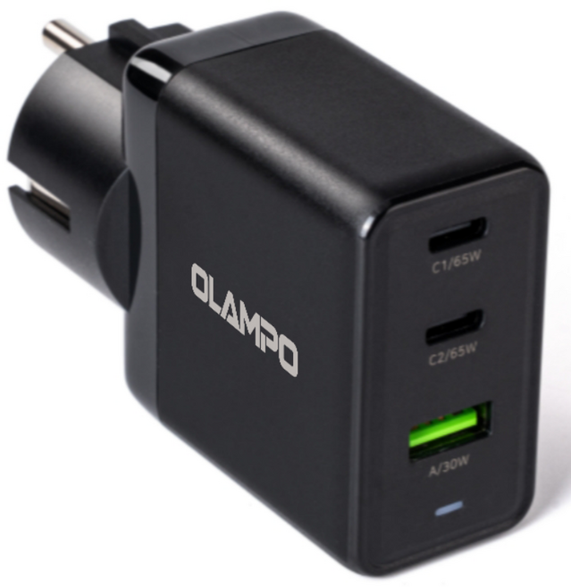 OLAMPO 65W PPS PD GaN 접지 3포트 초고속 멀티충전기, 1개, 블랙
