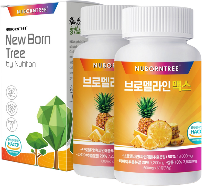브로멜라인 18000mg 맥스 보이차 레몬밤 모링가 배합 파인애플효소, 2개, 60정
