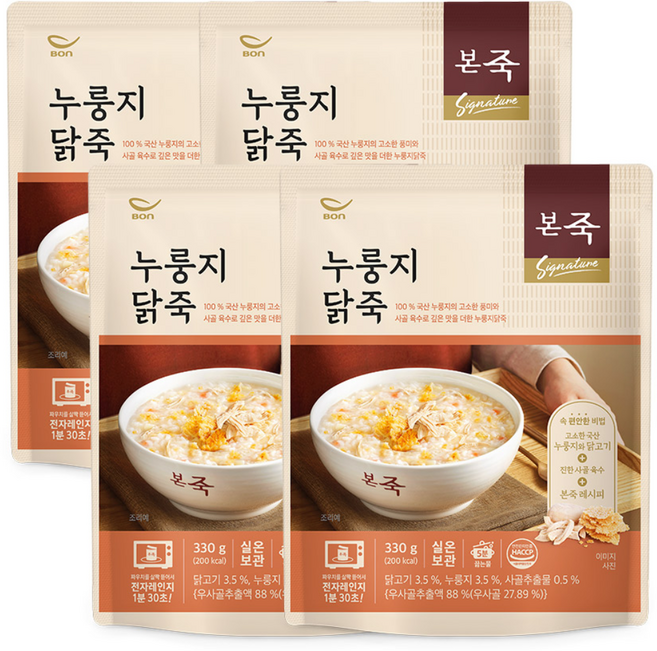 [본죽] 누룽지닭죽 330g 4팩, 4개