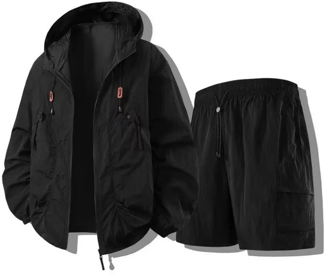 THE G&G남녀공용 후드 집업 경량 바람막이 긴팔+반바지 상하세트FS, 블랙