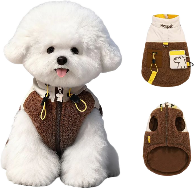 Hoopet 강아지옷 하네스 일체형 니트 패딩 조끼, 1개, 브라운