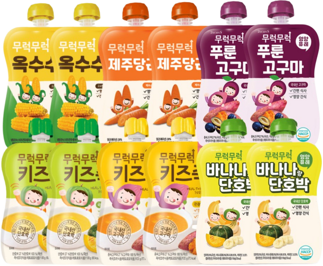 무럭무럭 과일퓨레 알뜰팩 모음, 100g, 12개, 고구마/단호박/옥수수/제주당근/푸룬고구마/바나나단호박
