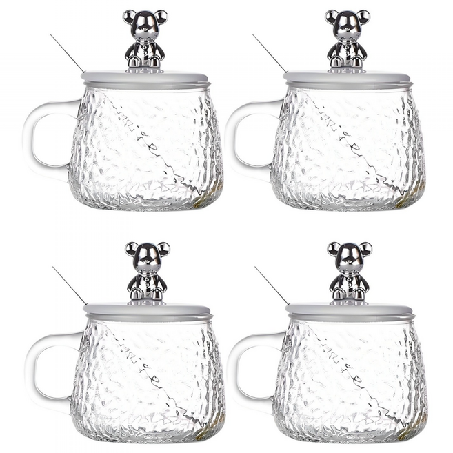 4개 세트 곰돌이 머그컵 전용 뚜껑 티스푼 포함 투명 유리 머그 손잡이 잔 예쁜 물 컵 감성 홈 카페 귀여운 소품 센스있는 집들이 선물, R99819A(곰돌이 4개, 1세트