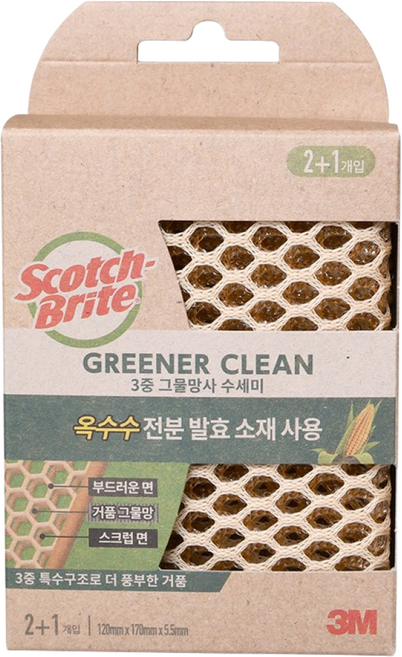 [3M]그리너클린 옥수수 3중 그물망사 수세미, 3개입, 1개