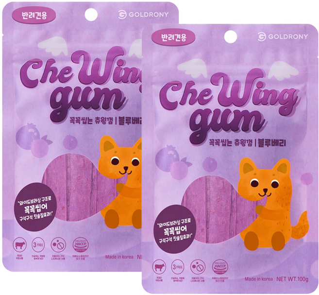 골드로니 강아지 꼭꼭씹는 츄윙껌, 블루베리, 100g, 2개