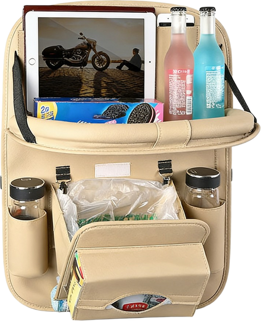 VIX Group 차량용 뒷좌석 수납포켓 깔끔한 차속공간 쓰레기통 홀더 수납함 거치대 가죽 정리수납가방 테이블, 베이지, 1개