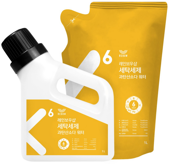 레인보우샵 세탁세제 과탄산소다 워터 1L 리필 세트 용기 1개 리필 1개, 세탁세제 과탄산소다 워터 리필