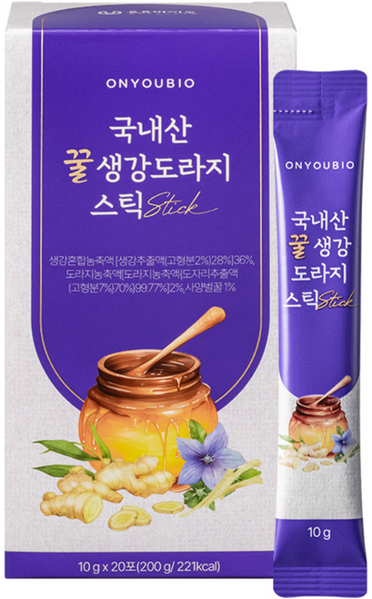 온유바이오 우리땅에서 자란 귀한 국내산 꿀생강 도라지 스틱 20포 12박스, 9박스, 20회분