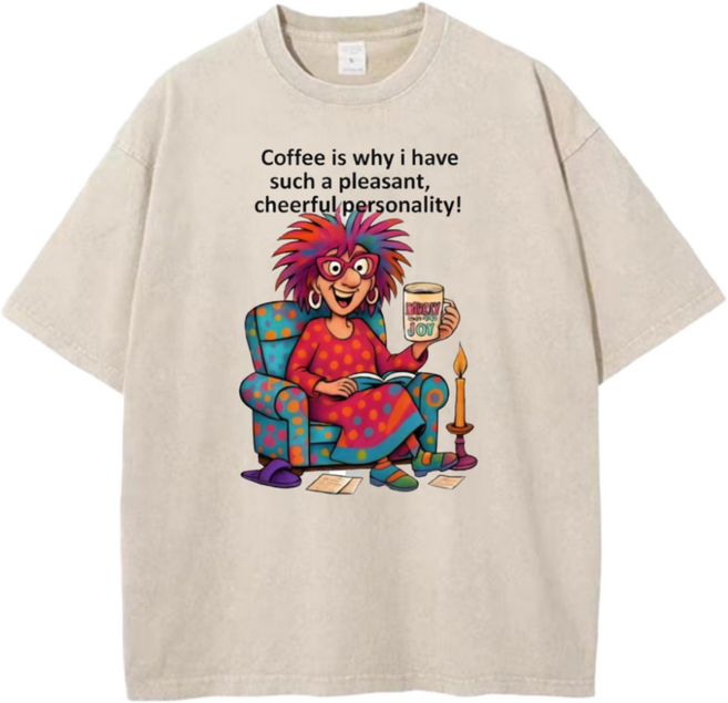 피그먼트 워싱 빈티지 순면100% 16수 모닝커피맘 캐릭터 티셔츠 오버핏 반팔티 빅사이즈 에이비씨홈