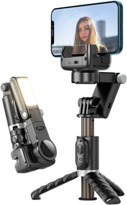 Aiiyya 카메라 스마트폰 삼각대 올인원 360도 자동회전 추적 짐벌 스태빌라이저 셀카봉 리모컨 세트, +LED 뷰티 보광등+인물추적, 1개, 블랙