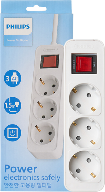 필립스 고용량멀티탭 4000W 워크탭 과부하차단, 1.5m, 올화이트 3구, 1개, 올화이트 3구 CHP2134W
