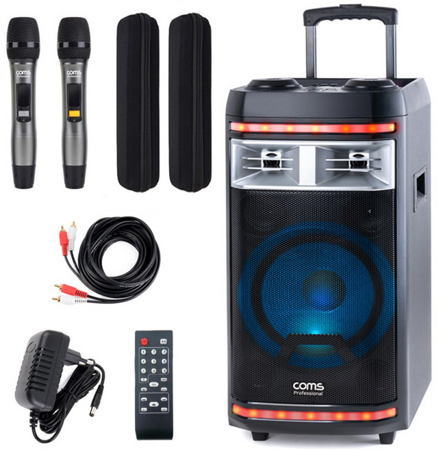 컴스 휴대용 블루투스 버스킹 앰프 스피커 노래방 마이크 CR400PBS 세트, 4. 스피커+UHF 무선핸드마이크 2개+케이블