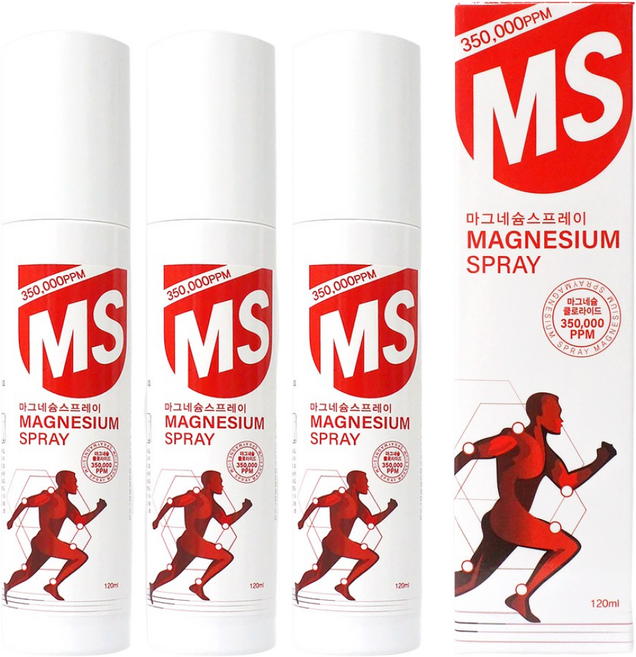 뿌리는 MS 마그네슘 스프레이 마그네슘 함량 스포츠 스프레이, 120ml, 3개