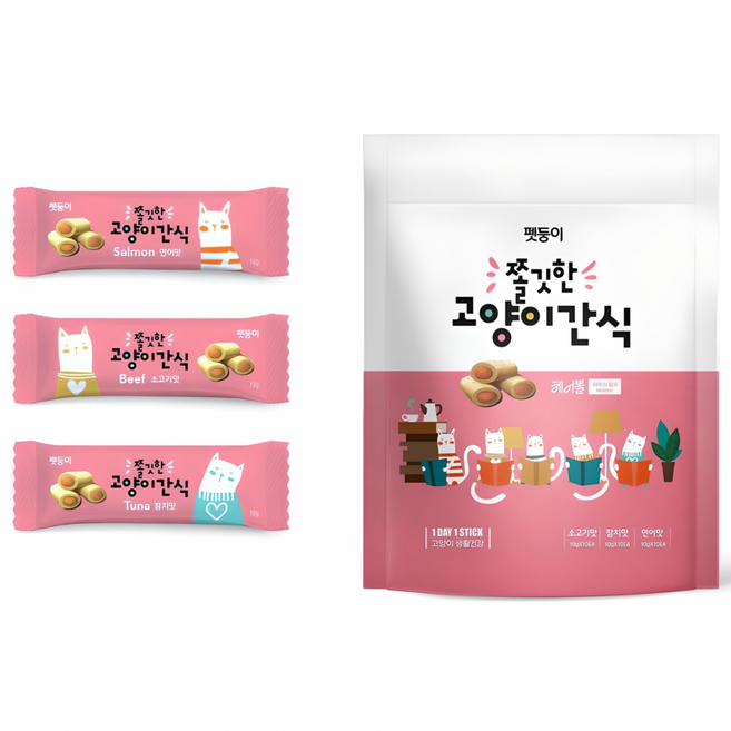 펫둥이 3가지맛 쫄깃한 고양이 간식, 혼합맛(참치/연어/소고기), 300g, 1개