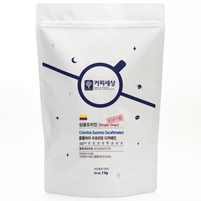 커피세상 디카페인원두 콜롬비아 수프리모 디카페인, 1kg, 1개, 홀빈(분쇄안함), 1.홀빈 (분쇄안함)