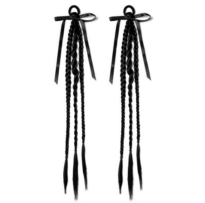 땋기머리 포니테일 양갈래 세가닥 부분 가발, 블랙, 2개