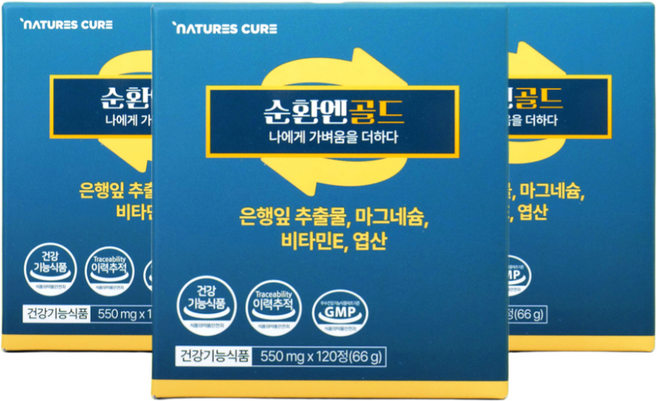 순환엔골드 순환엔 약사가만든 프리미엄 혈액순환건강기능식품 은행잎추출물 마그네슘 토코페롤 혈행 기억력개선에 도움, 3개, 120정