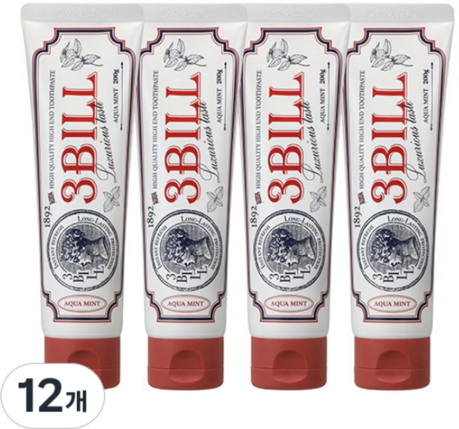 [고불소 1450ppm 강력구취]쓰리빌 하이앤드 고불소치약 구취케어 치약 아쿠아민트향, 12개, 200g