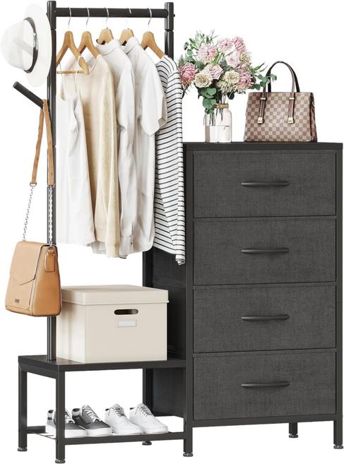 AODK 다용도 패브릭 서랍장 서랍장 수납장 수납 천으로 만든, 4단, 블랙