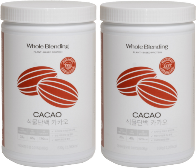[홀블렌딩 식물단백 카카오] 약사가 만든 비건인증 Non-GMO 단백질23g 특허 식물성 완두콩 효소 단백질쉐이크 630g 홀블랜딩 2주분, 2개