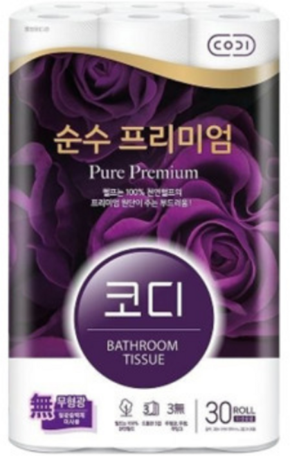 코디 3겹 천연펄프 순수 프리미엄 화장지, 30m, 30롤, 2개