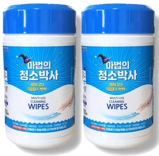 (무료배송)유한그린텍 마법의 청소박사 150매 원통형 2통 청소 물티슈 크리너 기름때 찌든때 제거, 2개