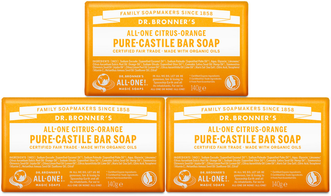 닥터브로너스 시트러스 오렌지 퓨어 캐스틸 바 솝, 140g, 3개