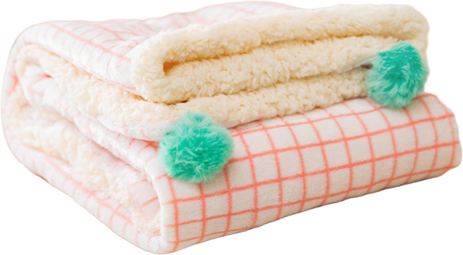 숑숑펫 포근한 체크 퐁퐁 방울 반려동물 뽀글이 담요, 아이보리, 1개
