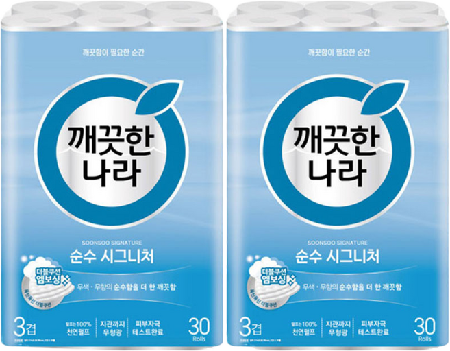 깨끗한나라 3겹 천연펄프 순수 시그니처 화장지, 28m, 30롤, 2개