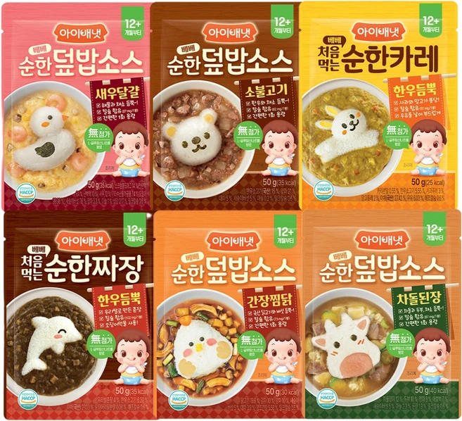 아이배냇 베베 처음먹는 순한덮밥소스 6종 12개세트+뽀로로 키즈밴드, 카레+짜장+새우+소불고기+차돌된장+간장찜닭 2개씩 밴드, 50g, 1세트 - 쿠팡