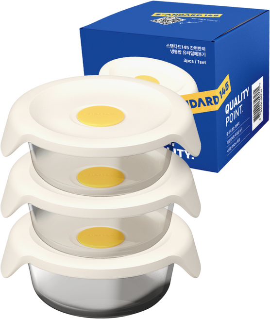 스탠다드145 간편한끼 촉촉한 냉동밥 원형 유리 밀폐 용기, 390ml 3개, 1세트