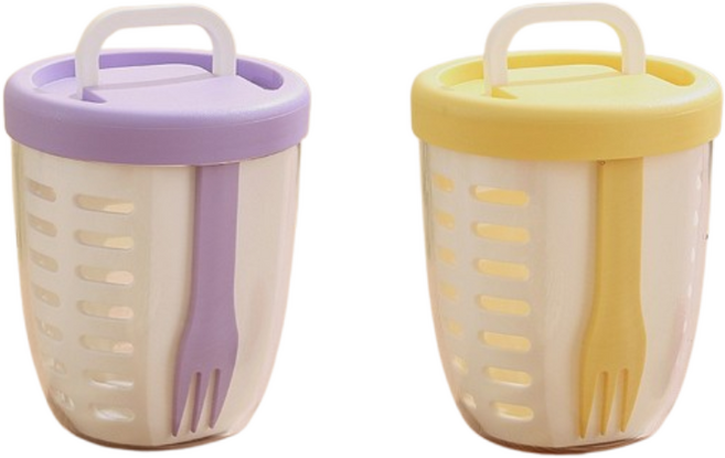 휴대용 간편 한끼 과일 야채컵 포크 포함 1+1 샐러드 도시락 통 다이어트 런치팟, 2개, 후르츠팟 보라+노랑