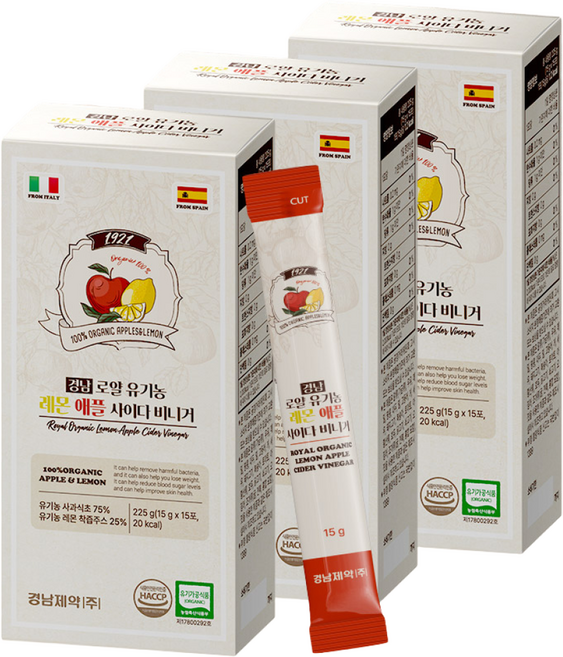 경남제약 로얄 유기농 레몬 애사비스틱 애플 사이다 비니거(26.12.06), 3개, 225g