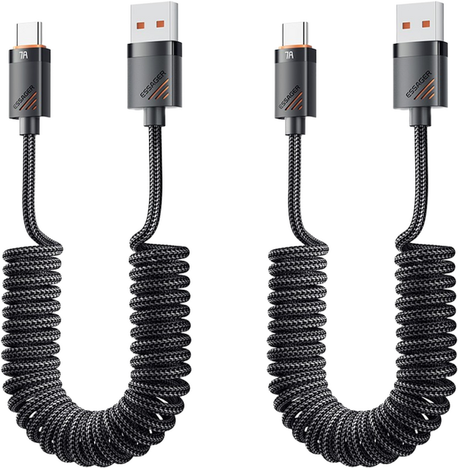 ESSAGER PD 100W 코일 스프링 USB C타입 7A 고속충전 케이블 2개입, 2개, 1.2m