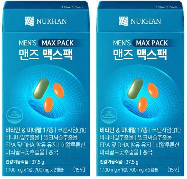 [본사 공식]뉴칸 맨즈 맥스팩 멀티비타민&미네랄 17종 남성 올인원 코엔자임 오메가3 종합비타민, 2개, 15회분