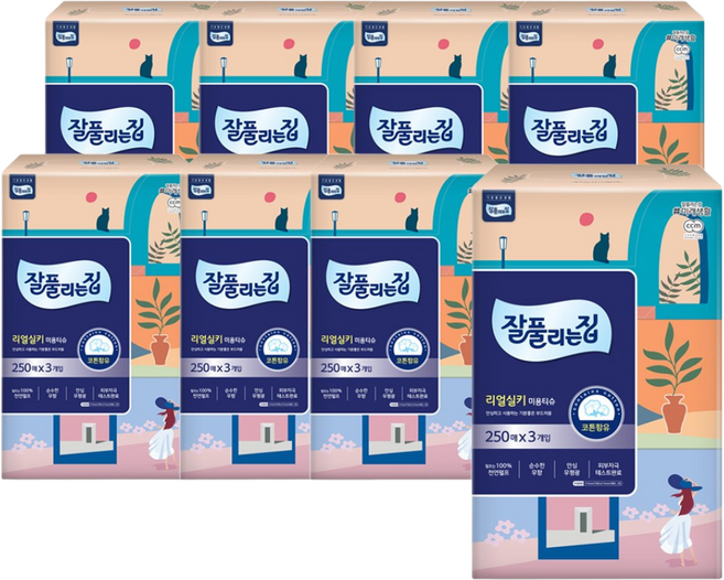 잘풀리는집 리얼실키 미용티슈 250매3입 갑티슈, 250매입, 24개