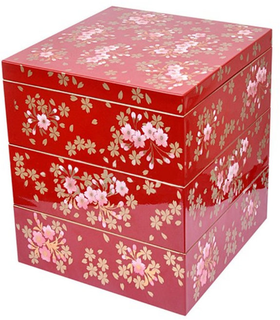 3단 사각 벚꽃 찬합 도시락 (보자기 포함), 1개, 레드
