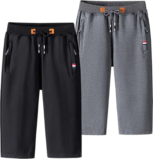 지고다그 1+1 남성용 여름용 면 소재 7부 반바지 빅사이즈 밴딩 허리 통기성 좋은 운동용 캐주얼 팬츠 LJM0734