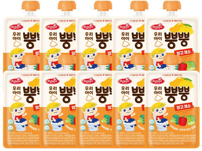 [신제품특가 무배] 베베스트 우리아이 뿡뿡주스 2종 중 1택 (딸기채소/망고채소) 아기주스, 10개, 02.망고채소, 70ml