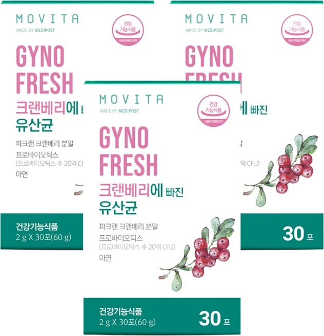 지노프레쉬 크랜베리에 빠진 유산균 30p, 30회분, 3개 - 쿠팡